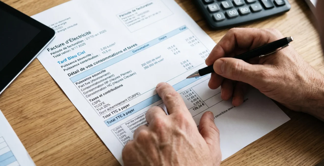 Mains d'un professionnel analysant en détail les lignes tarifaires complexes d'une facture d'énergie française avec calculatrice