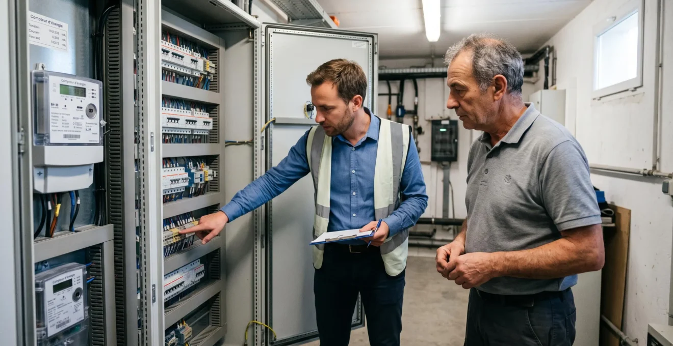 Courtier en énergie inspectant un tableau électrique industriel avec le responsable d'une entreprise lors d'un audit énergétique sur site