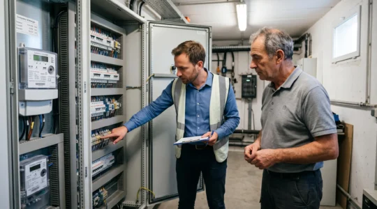 Courtier en énergie inspectant un tableau électrique industriel avec le responsable d'une entreprise lors d'un audit énergétique sur site