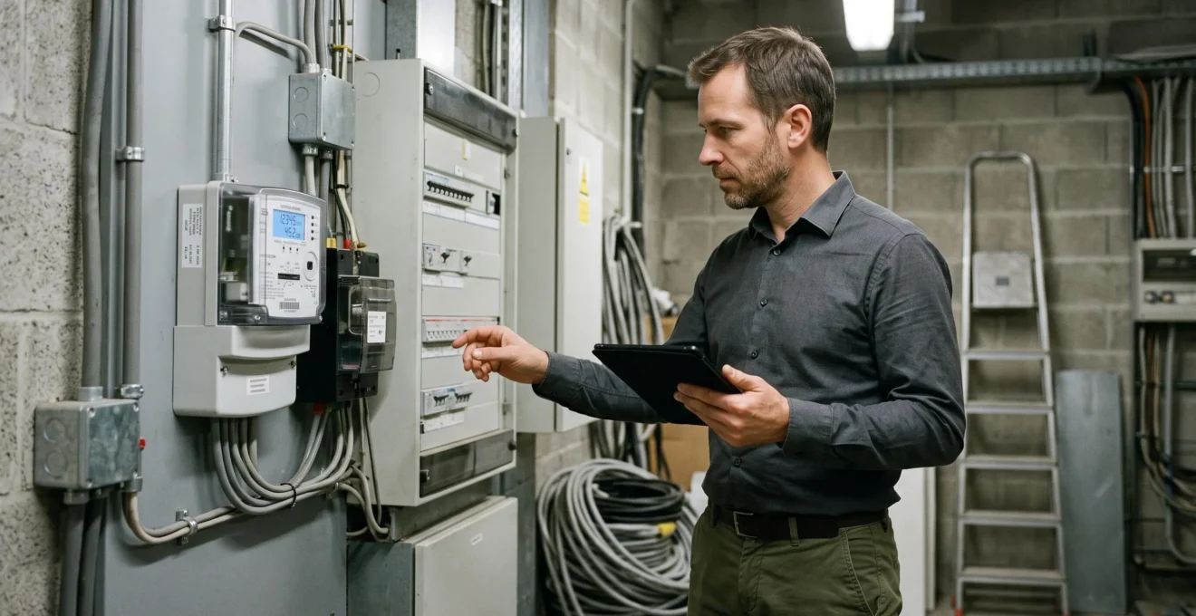 Consultant en énergie inspectant un compteur électrique intelligent et vérifiant les données de consommation dans le local technique d'une entreprise