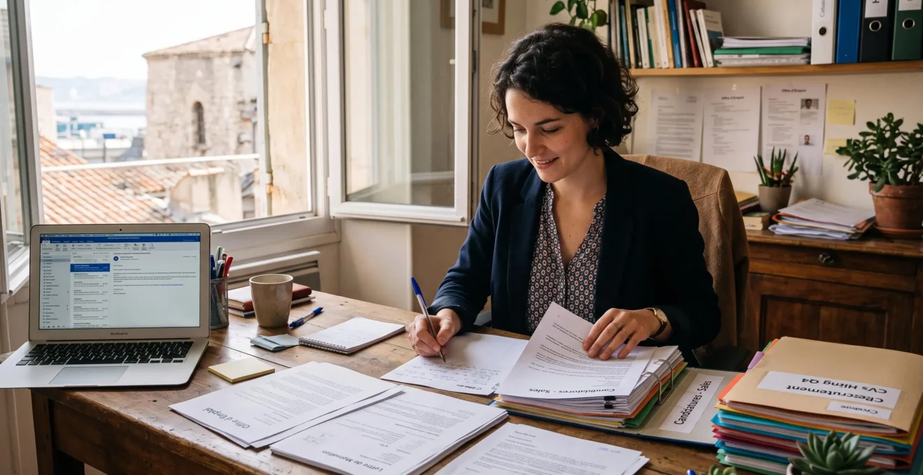 Une recruteuse trie des candidatures imprimées sur son bureau dans un bureau lumineux.