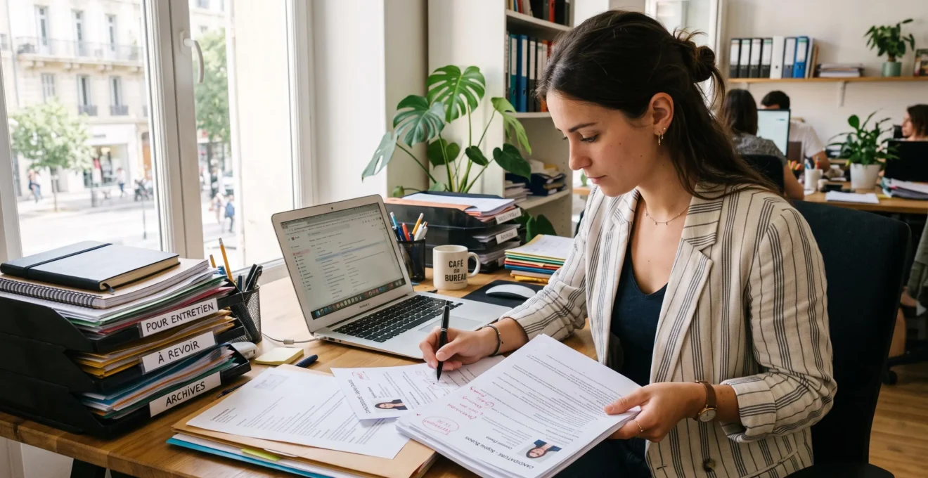 Une recruteuse trie des candidatures imprimées sur son bureau dans un bureau lumineux.