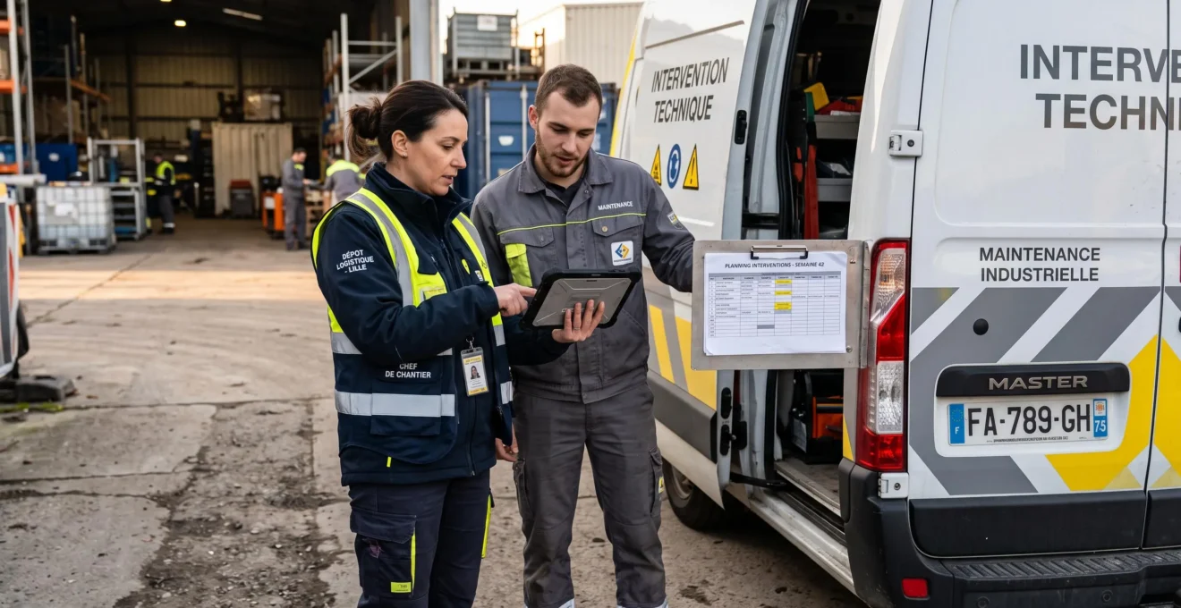 Un responsable montre un tableau d'interventions à un nouveau technicien devant un véhicule de service.