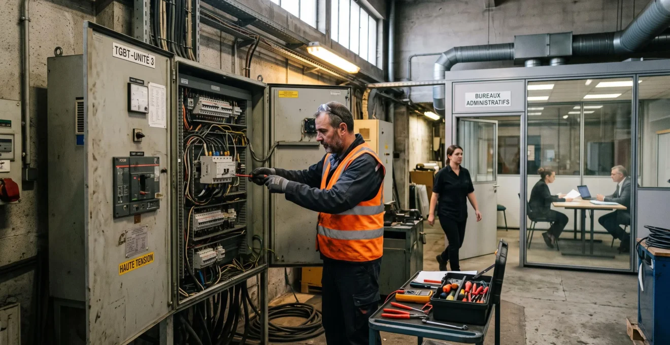 Un technicien de maintenance intervient sur un armoire électrique pendant qu'un entretien se déroule en arrière-plan.