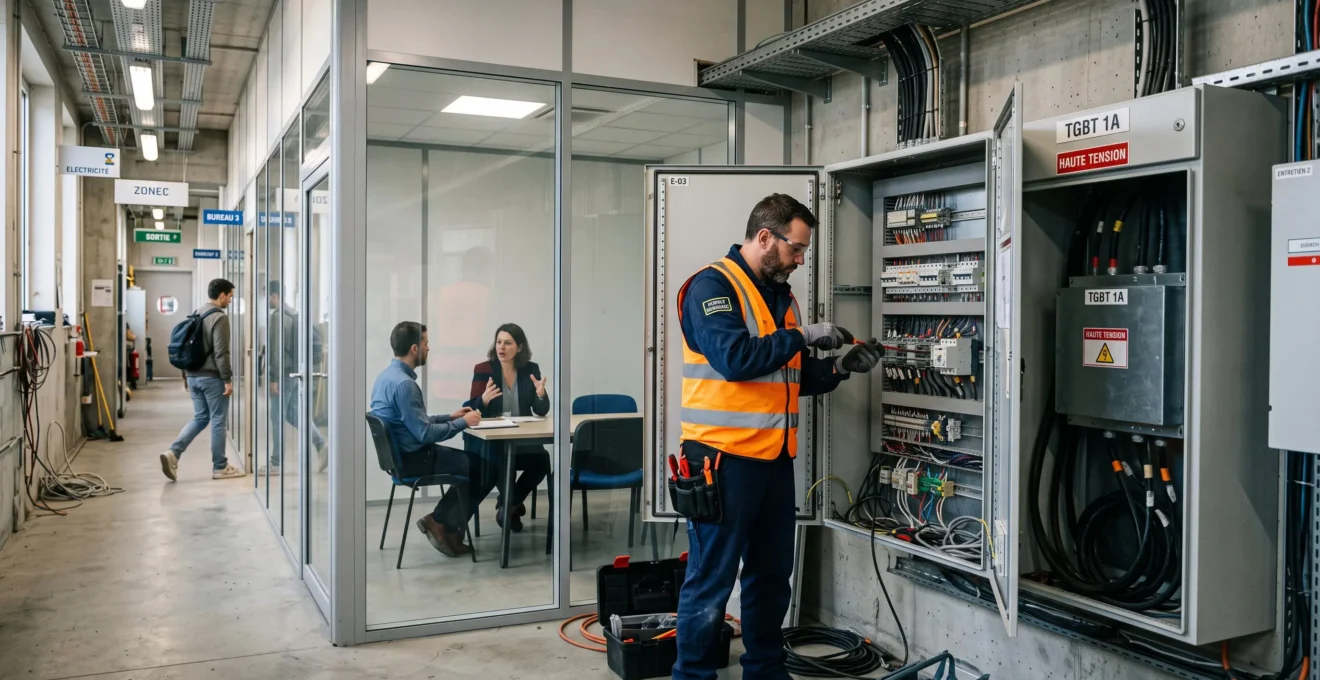 Un technicien de maintenance intervient sur un armoire électrique pendant qu'un entretien se déroule en arrière-plan.